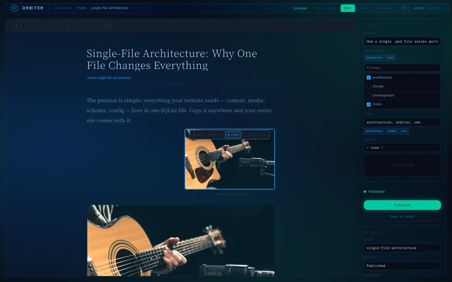 Editor showing image floated right with text wrapping around it, alignment toolbar visible