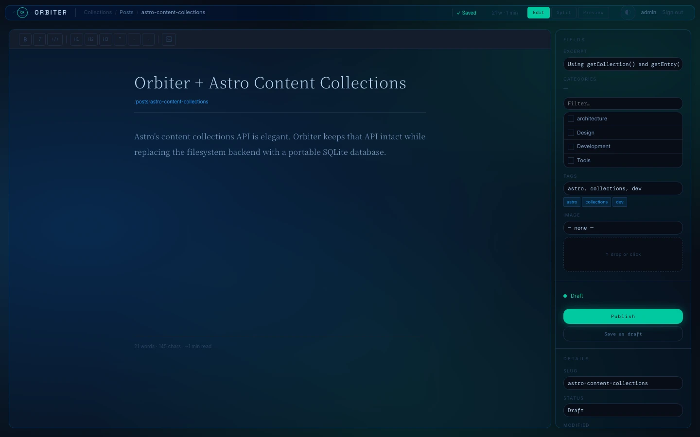 Orbiter block editor — heading, paragraph, and inline image with alignment controls