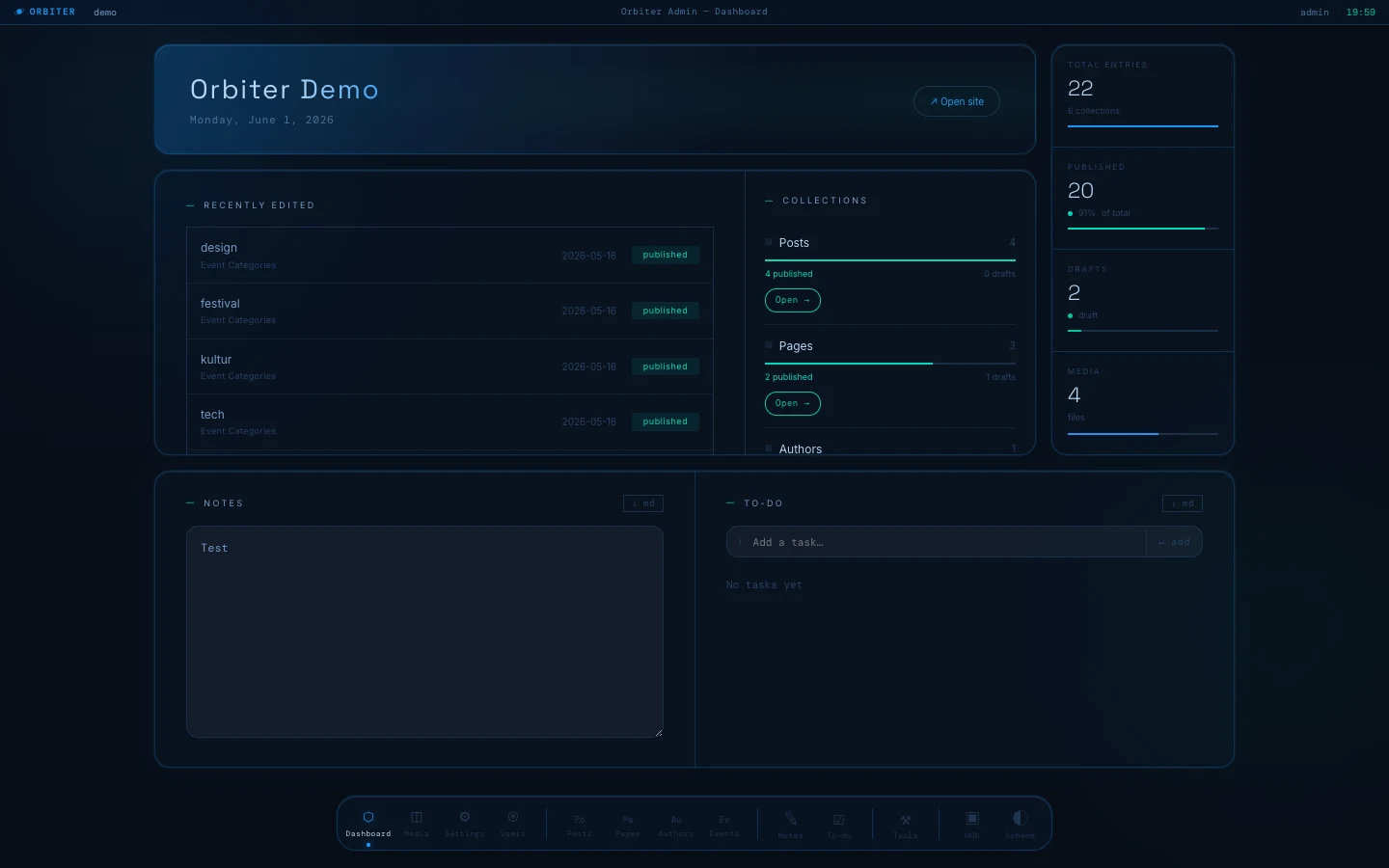 Orbiter Space Station mode — dark glassmorphism dashboard with floating dock