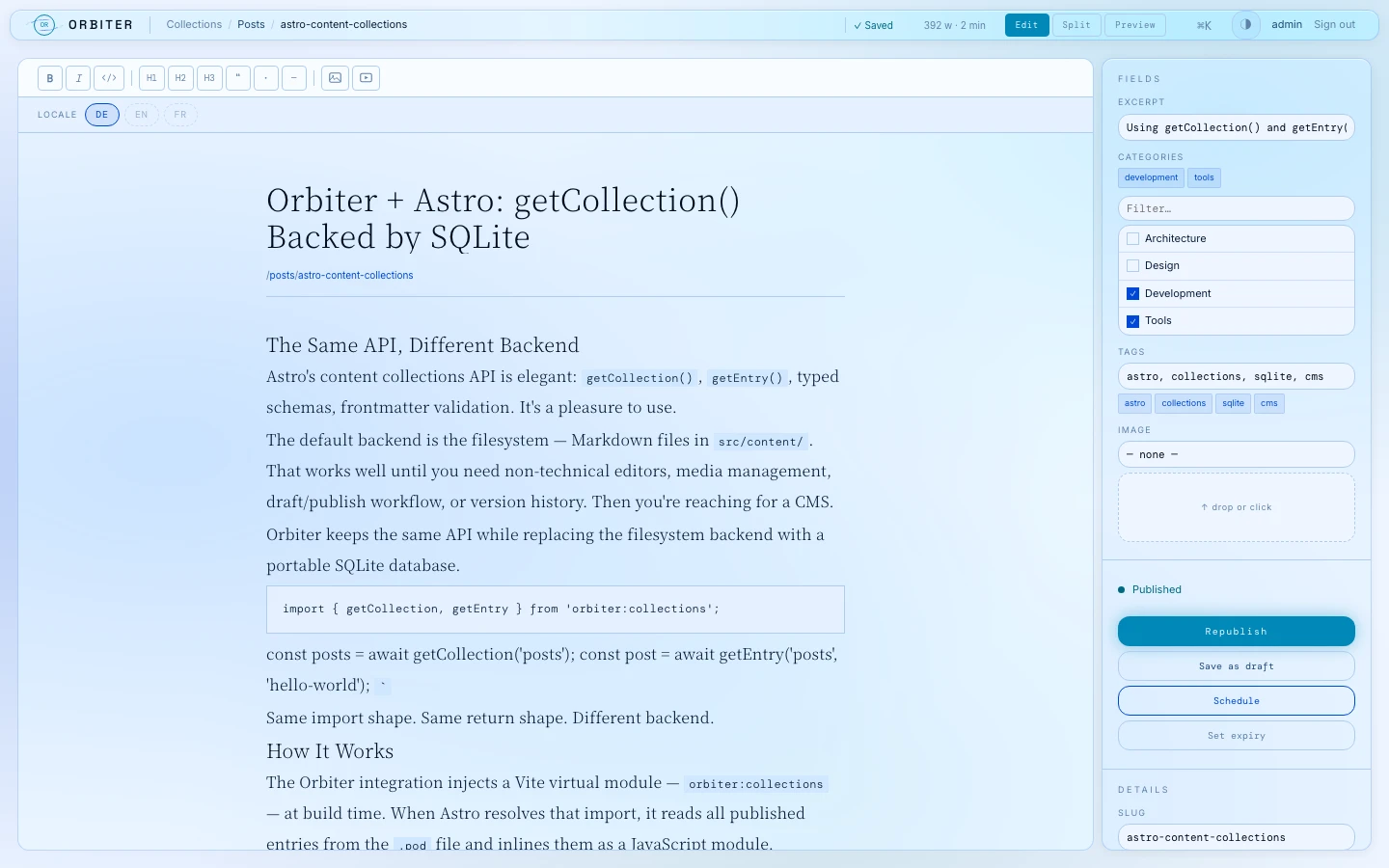 Orbiter block editor with multilingual locale tabs