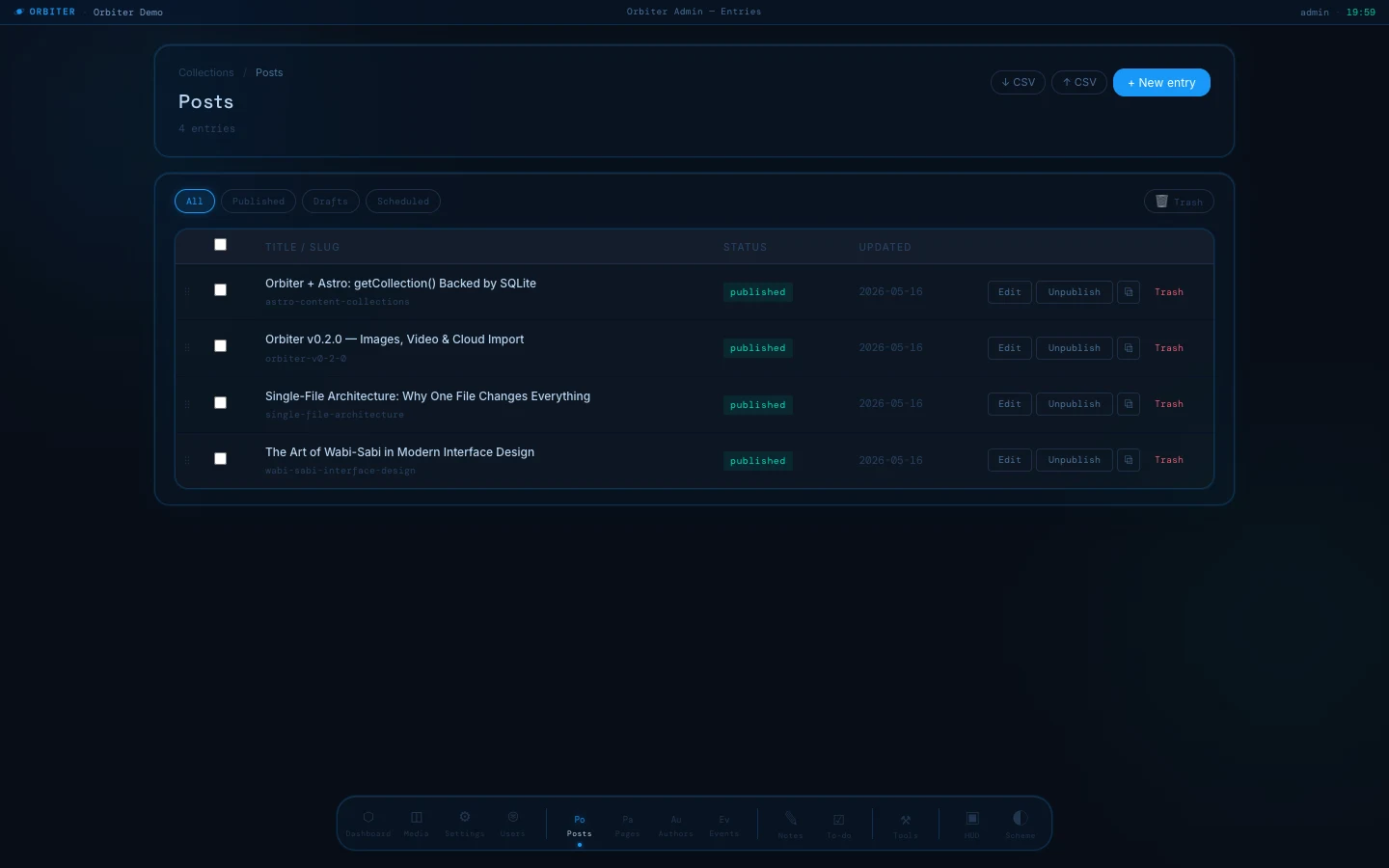 Entries list in Space Station mode