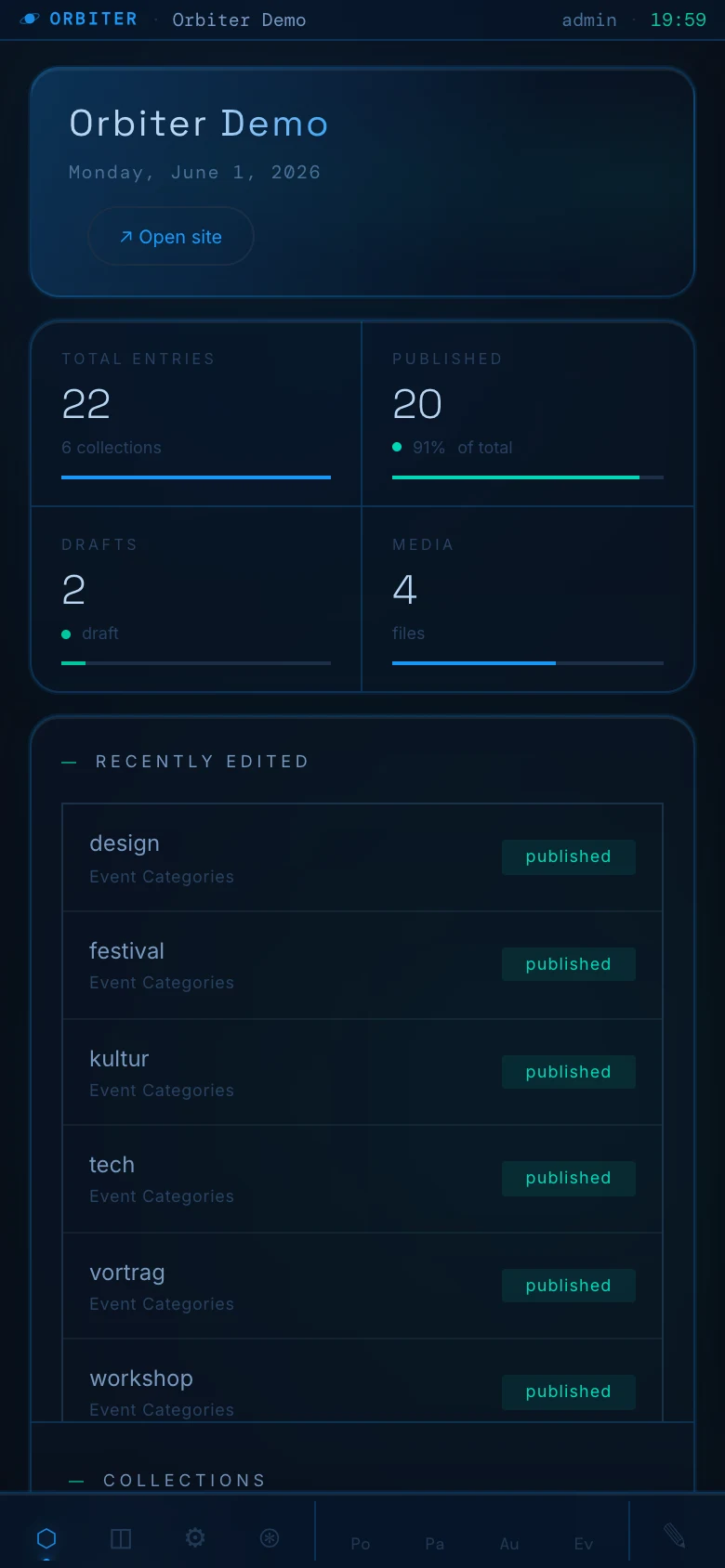 Orbiter Space Station mode on mobile — bottom tab bar, responsive dashboard