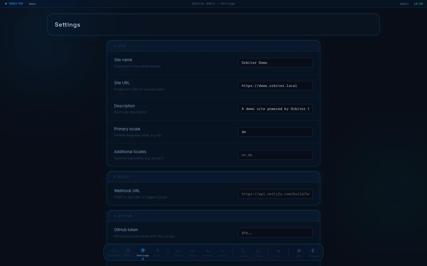 Settings in Space Station mode