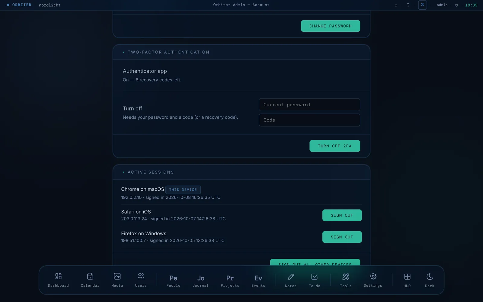 Orbiter admin: Account & sessions. Two-factor sign-in with an authenticator app, recovery codes, and every signed-in device with one-click sign-out.