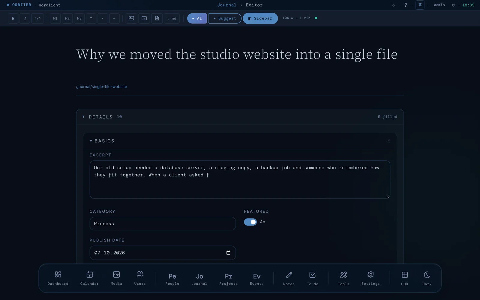 Orbiter admin: Custom fields. Open the Details card: fields grouped as in your schema, two per row, long inputs at full width. It remembers how you left it.