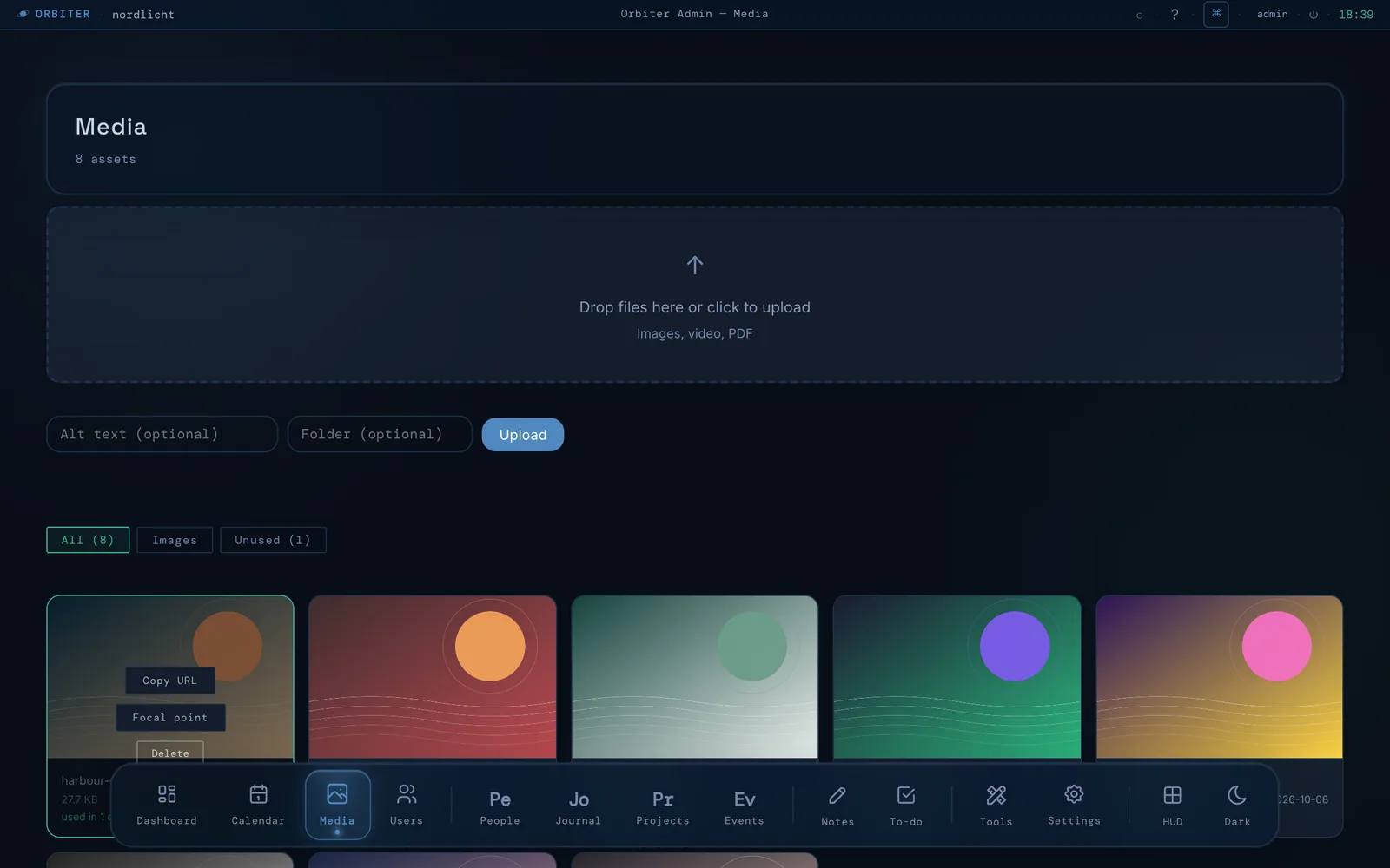 Orbiter admin: Media. Usage badges, unused and broken-reference filters, and focal points so crops keep the subject in frame.